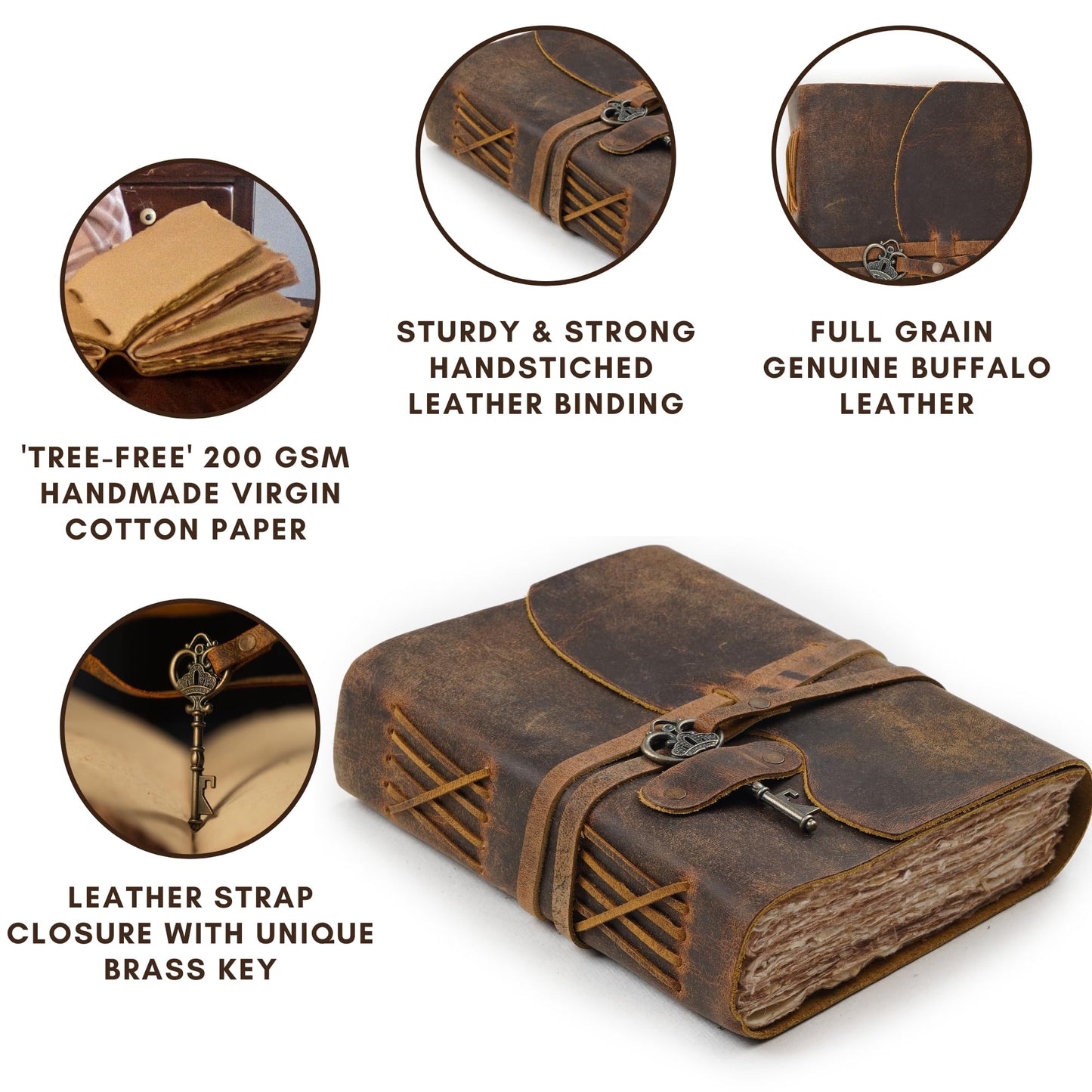 LEATHER VILLAGE Vintage Leather Journal – 200 Handmade Vintage Deckle Edge Paper – Leather bound Journal For Women Men – Vintage Key Closure - Book of Shadows - Cappuccino Brown - 8X6 inches (A5)