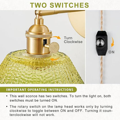 Plug in Wall Sconce, Vintage Sconce Light with Gradient Green Glass Lampshade, 180° Adjustable Wall Sconce with Switch and Plug in Wall Lamp Cord, Gold Wall Light for Bedroom Bedside