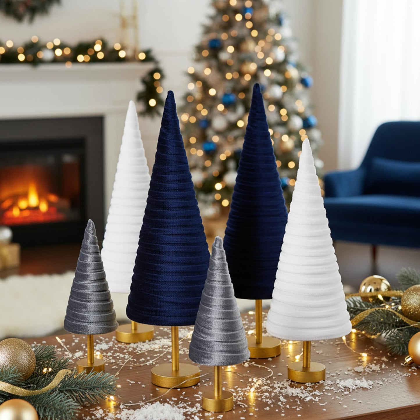 Hoolerry 6 Pcs Christmas Velvet Trees with Gold Pedestal Christmas Velvet Cones Tree Mantel Decor Modern Rustic Winter Home Minimalist for Holiday Entryway Table Wedding Centerpiece(Dusty Blue)