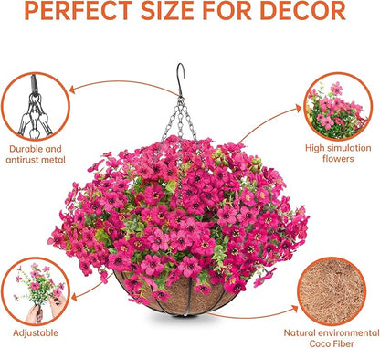 Artificial Hanging Faux Flowers Basket, Fake Silk Daisy Eucalyptus Plants Arrangement,for Spring Summer Outdoor Decoration,UV Resistant, Coconut Planter,Look Real for Home Garden Décor (Rosered)
