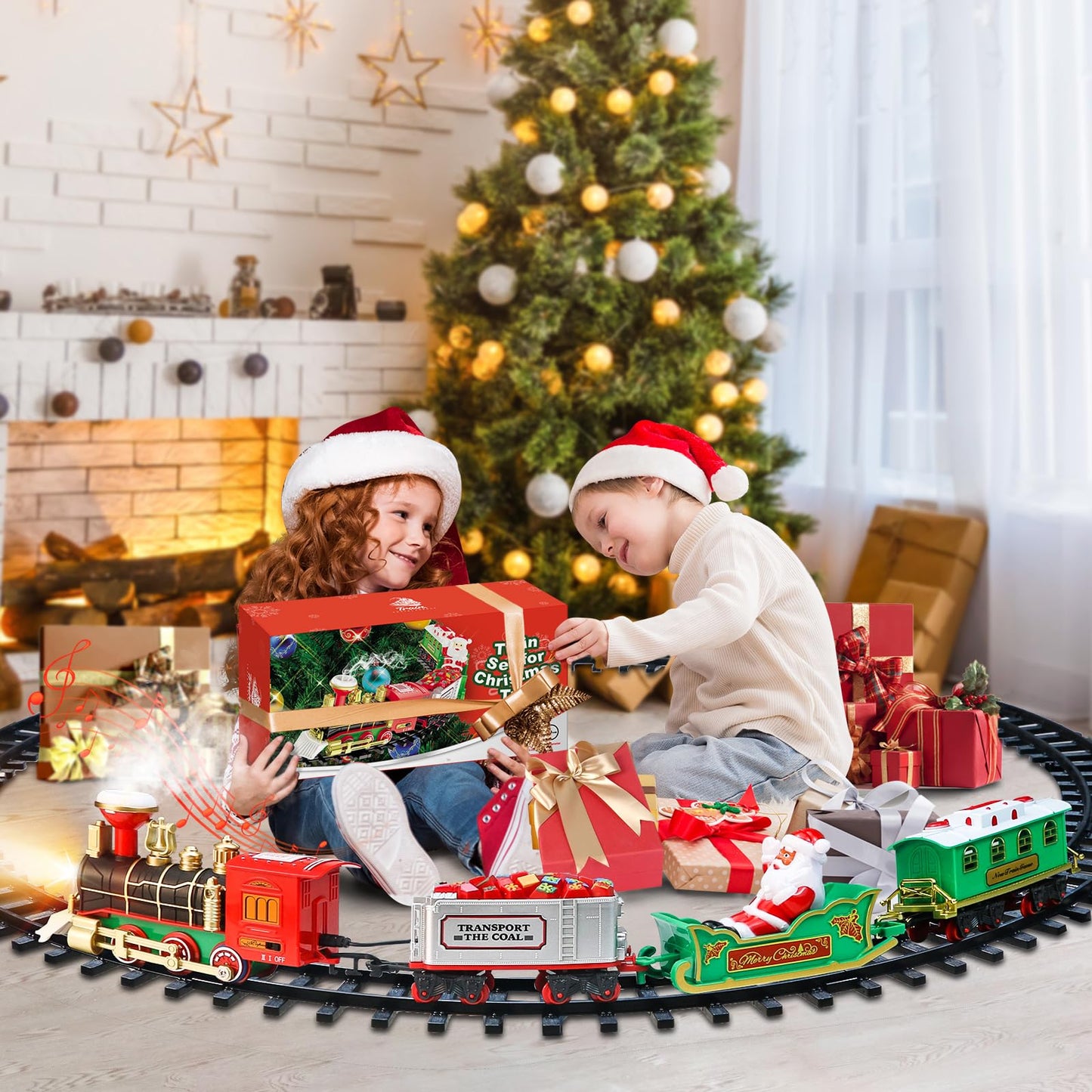 Christmas Train Set - Hanging Train Toys Around Under The Christmas Tree w/Smoke, Whistle (Turn on/Off) & Lights, Toys Decoration for 3 4 5 6 7 8+ Boys Girls