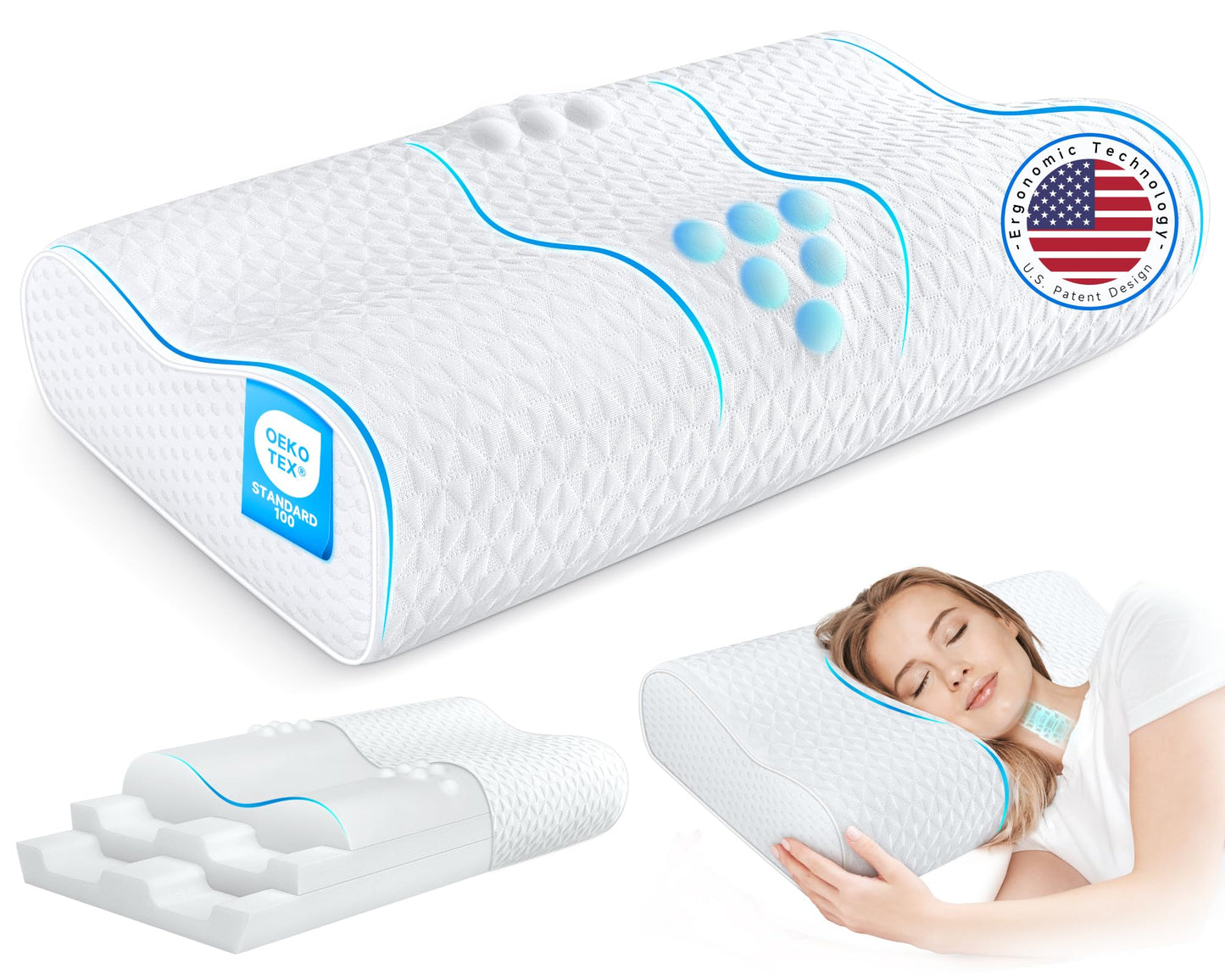 Cervical Neck Pillow for Pain Relief- Queen Size Cooling Pillow for Sleeping, Memory Foam Pillows for Neck Shoulder, Ergonomic Adjustable Contour Bed Pillow for Side, Stomach & Back Sleepers