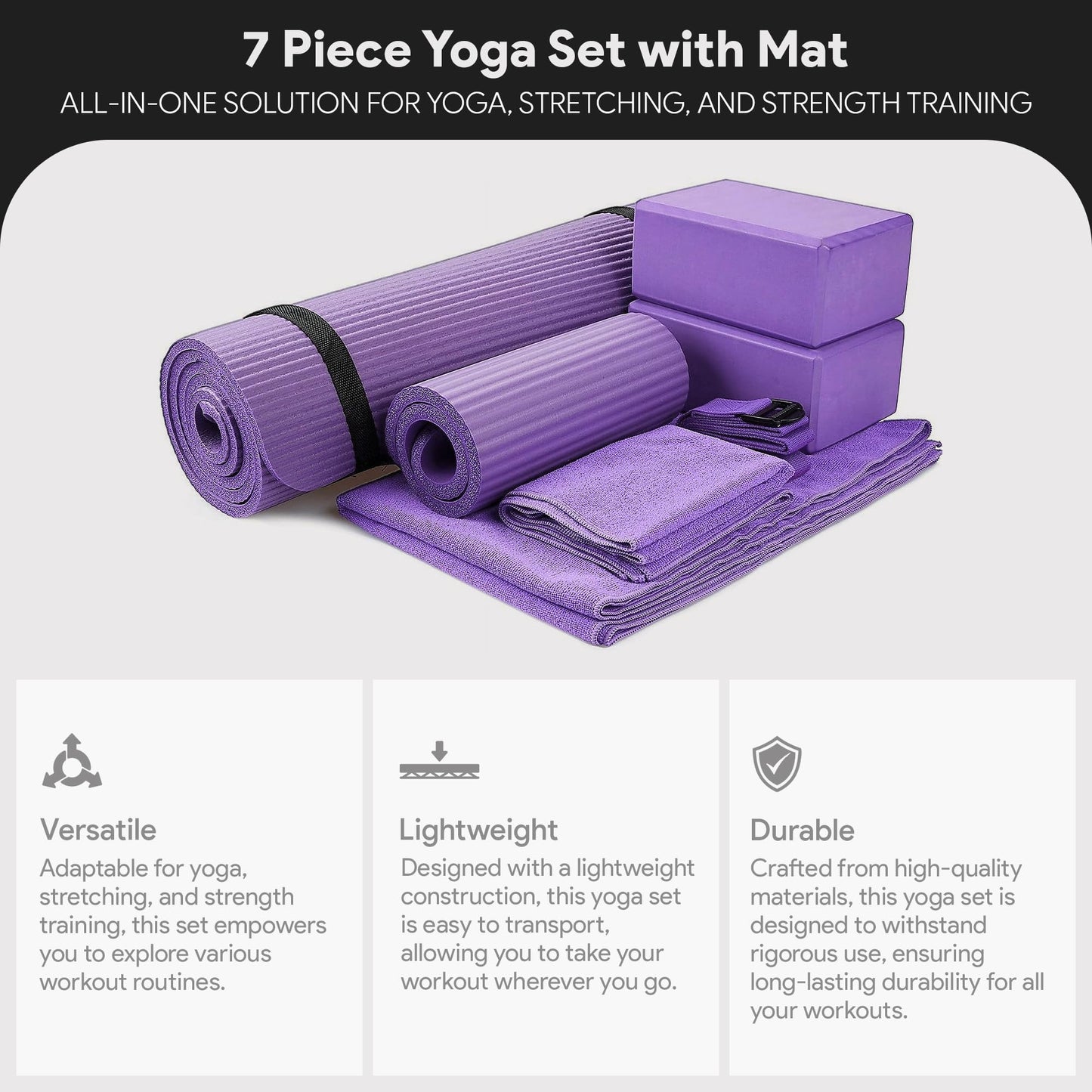 BalanceFrom 7-Piece Yoga Set with 71x24x0.5 Inches Extra Thick Mat and Carrying Sling – Includes 2 Blocks, Stretch Strap, 2 Towels, and Knee Pad for Home, Studio, and Gym Workouts