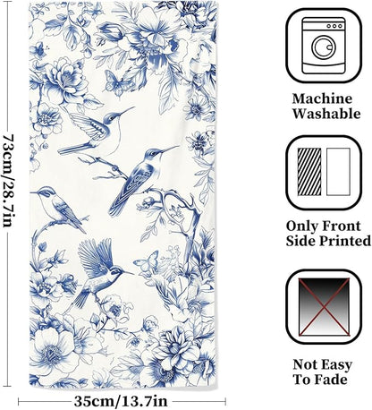 Blue Floral Hand Towels for Bathroom Humingbird Kitchen Towels Watercolor