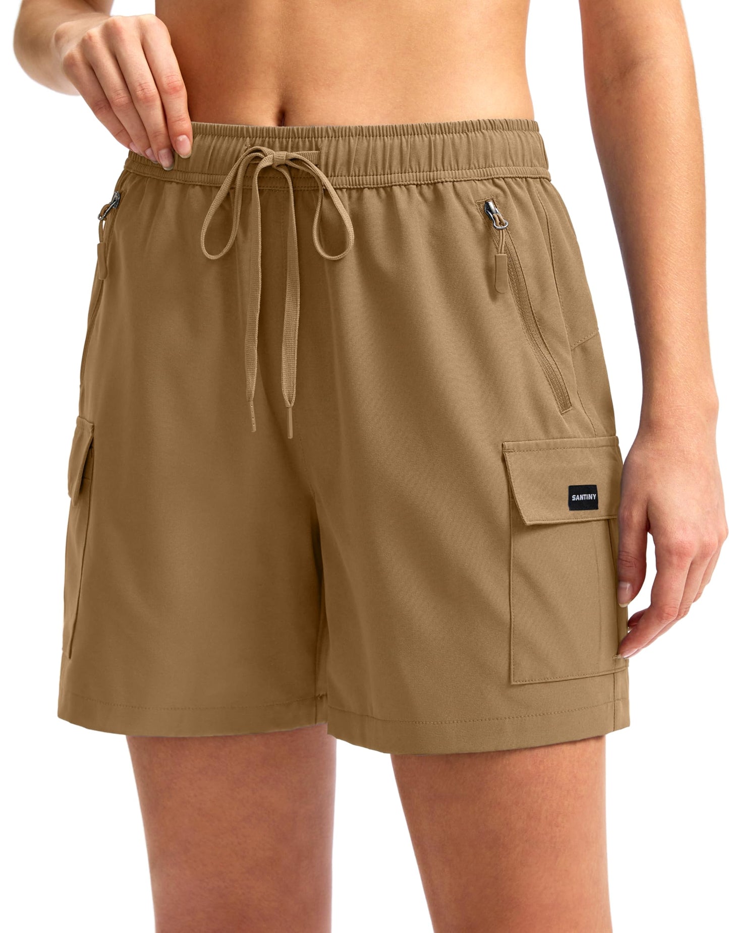 SANTINY Women's 5''/ 7''/9'' Hiking Cargo Shorts Quick Dry Lightweight Summer Shorts for Women Athletic Golf Zipper Pockets(Dark Khaki_M)