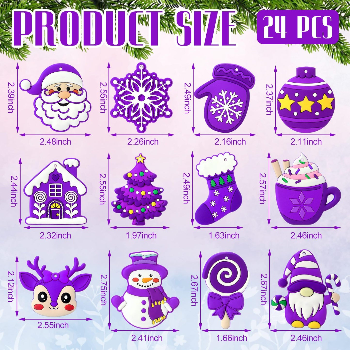 Lunmon 24 Pcs Purple Christmas Ornaments PVC Pastel Ornaments for Christmas Tree Santa Claus Gingerbread House Gnomes Xmas Baubles Winter Decorations for Xmas Tree Party Holiday Decor