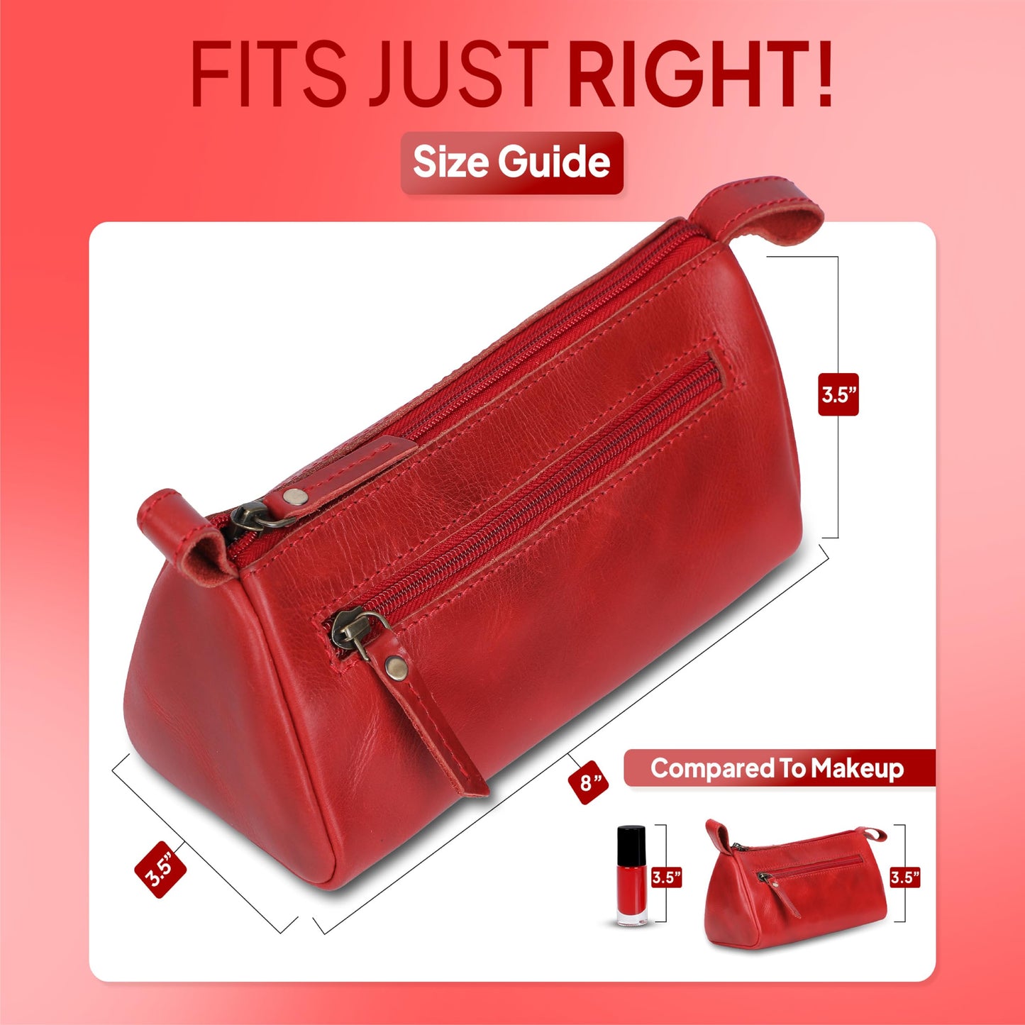 TheAntiq Leather Makeup Bag for Women – Genuine Leather Cosmetic Bag Travel, Handmade Zippered Makeup Pouch, Small Toiletry Bag, Shaving Kit & Stationery Organizer- Red