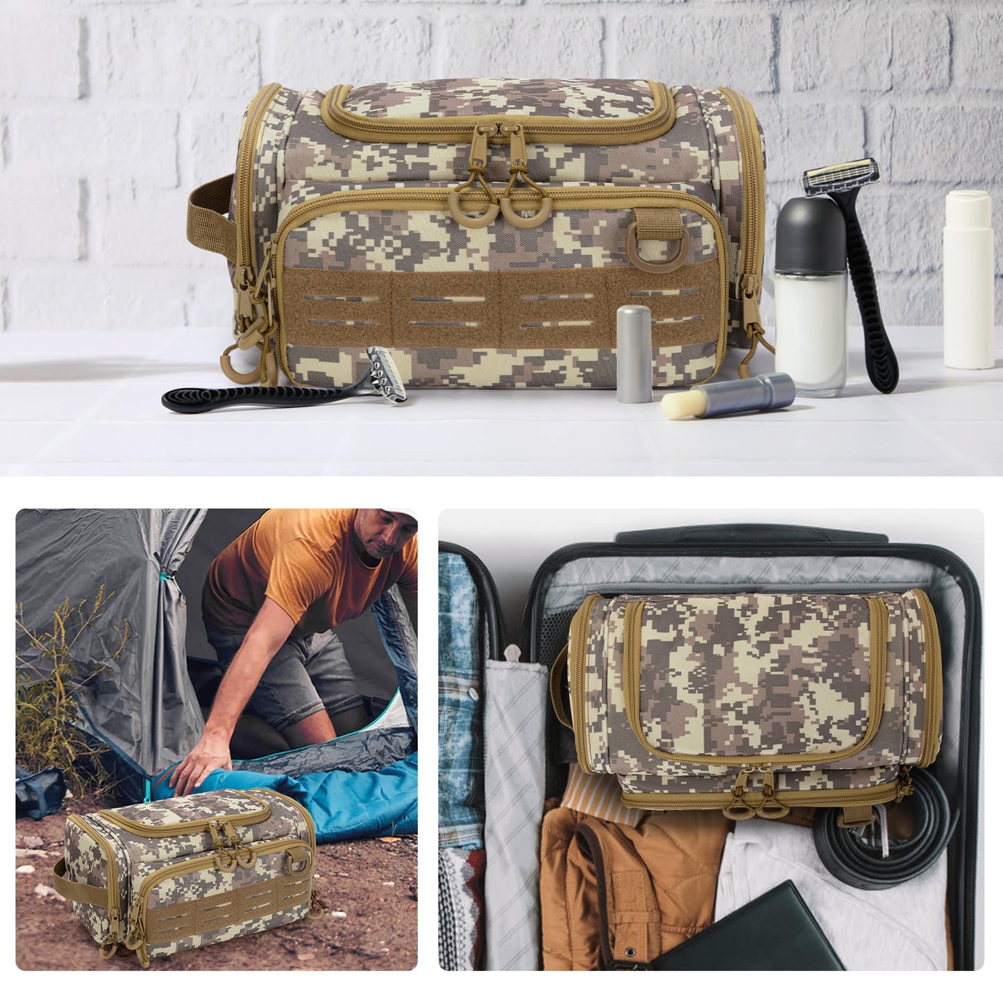 Prokva Tactical Toiletry Bag for Men, Hanging Hygiene Bag, Travel Dopp Kit Organizer for Shaving, Shower Essentials and Toiletries, Desert Yellow (Empty Bag)