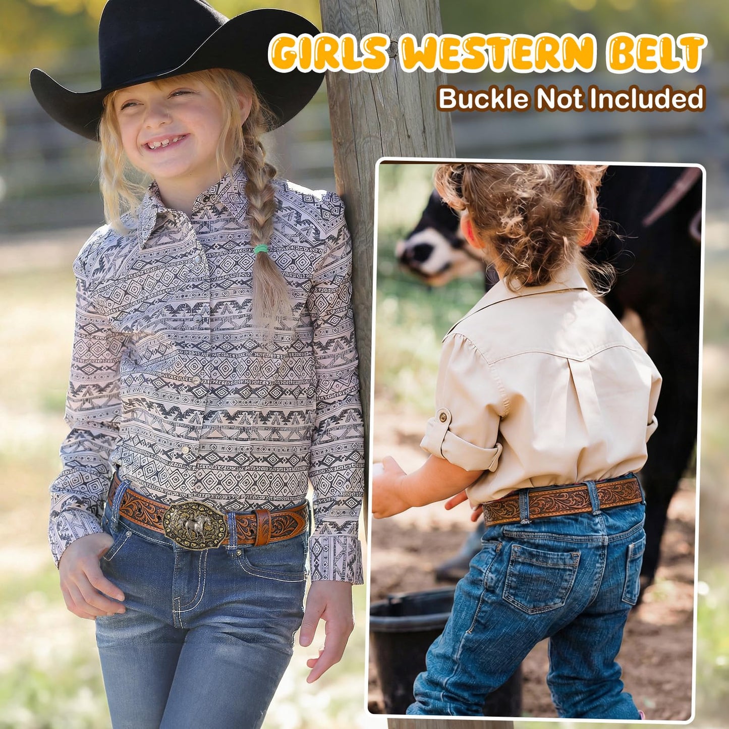 SANSTHS Kids Western Belt without Buckle Genuine Leather Boys Girls Belt Strap Cowgirl Cowboy Belts for Jeans Western Gifts, Embossed Leaf/Brown