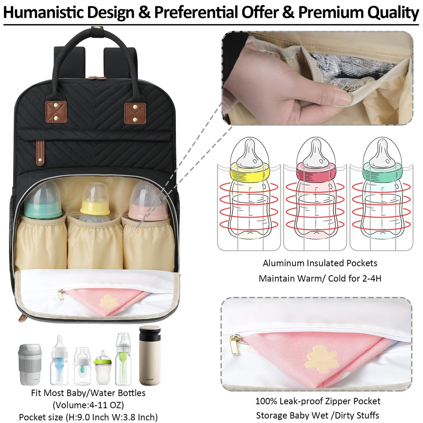 Tenot Diaper Bag Backpack for Women Large Capacity with Insulated Pockets Multifunctional Diaper Bags For Baby Girl Boy Waterproof Baby Bags For Mama Maternity Travel Bag Black