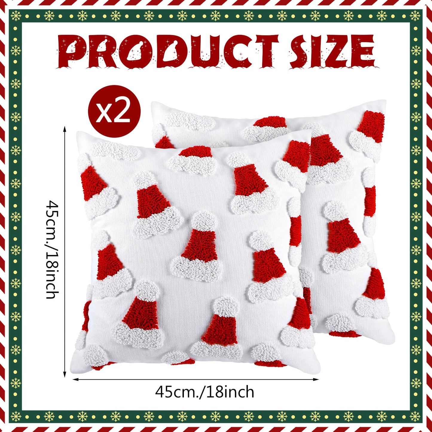 Mixweer 2 Pcs Tufted Christmas Throw Pillow Cover 18 x 18 Inch Santa Hat Pillow Covers 3D Xmas Pillows Case Decorative Soft Cushion Cover for Sofa Couch Bed Room
