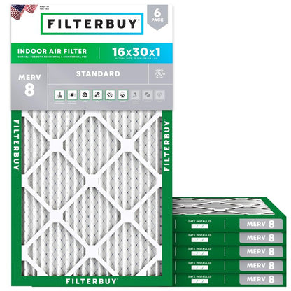 Filterbuy 16x30x1 Air Filter MERV 8 Essential Dust & Allergy Defense (6-Pack), Electrostatic Pleated HVAC AC Furnace Filters Replacement, Made in USA (Actual Size: 15.75 x 29.75 x 0.75)