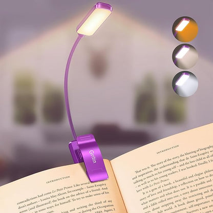 Gritin 9 LED Rechargeable Book Light for Reading in Bed - Eye Caring 3 Color Temperatures,Stepless Dimming Brightness,80 Hrs Runtime Small Lightweight Clip On Book Reading Light-Dark Purple