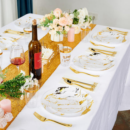 JOLLY PARTY 180PCS Disposable Dinnerware Set 30 Guest, 60 White and Gold Plastic Plates, 30 Plastic Silverware, 30 Cups, Marble Design Disposable Dinnerware for Wedding and Parties