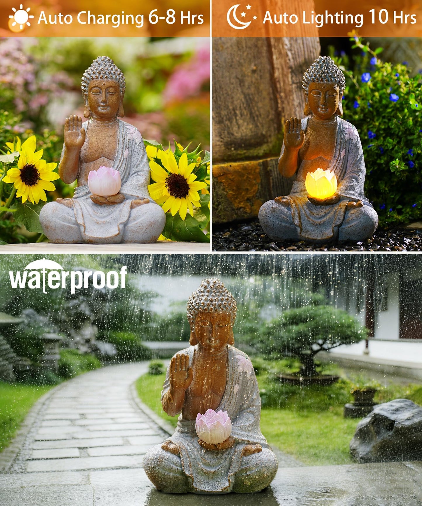 Nacome Solar Buddha Garden Statue Decor: Sitting Resin Figurine with Lotus Flower Light Zen Sculpture for Patio Lawn Yard Porch Balcony Meditation Space - 10.6 inches(White)