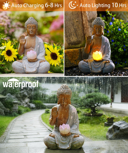 Nacome Solar Buddha Garden Statue Decor: Sitting Resin Figurine with Lotus Flower Light Zen Sculpture for Patio Lawn Yard Porch Balcony Meditation Space - 10.6 inches(White)