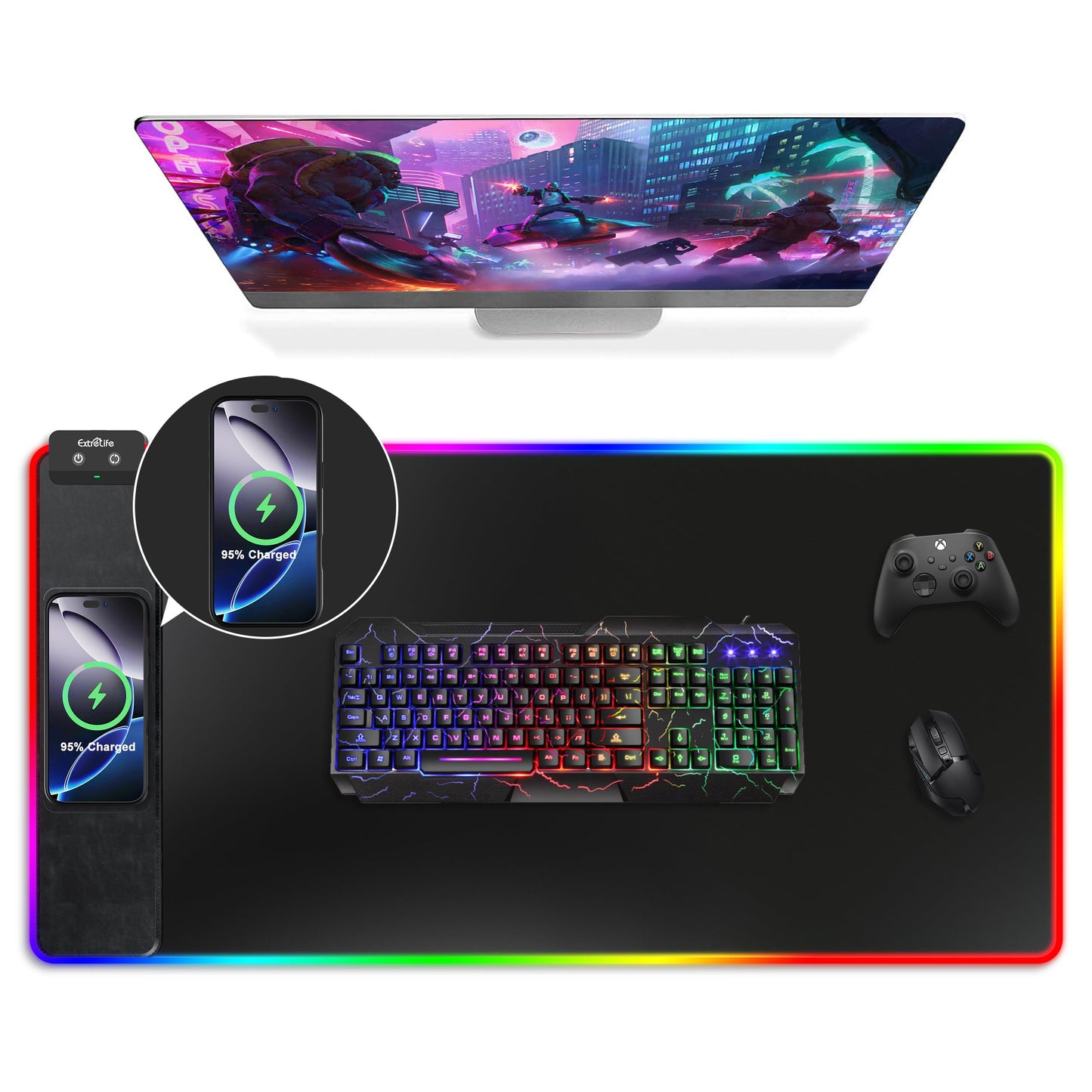 Mouse Pad with Wireless Charging, RGB Gaming Mousepad, Large Desk Mat with Ultra-Smooth Surface, Non-Slip Mouse Mat, Waterproof Computer Keyboard Pad for Gaming, Desk, Office, PC, 800x400x4MM, Black