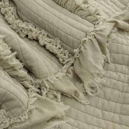 Ultra Soft Pre-Washed Quilted Boho Olive Green King Size Blankets for Bed, Sage Green Ruffle Fringed Decorative Throw, Stone Washed Chic Rustic Blanket for Sofa Couch Bed, 104"*90"