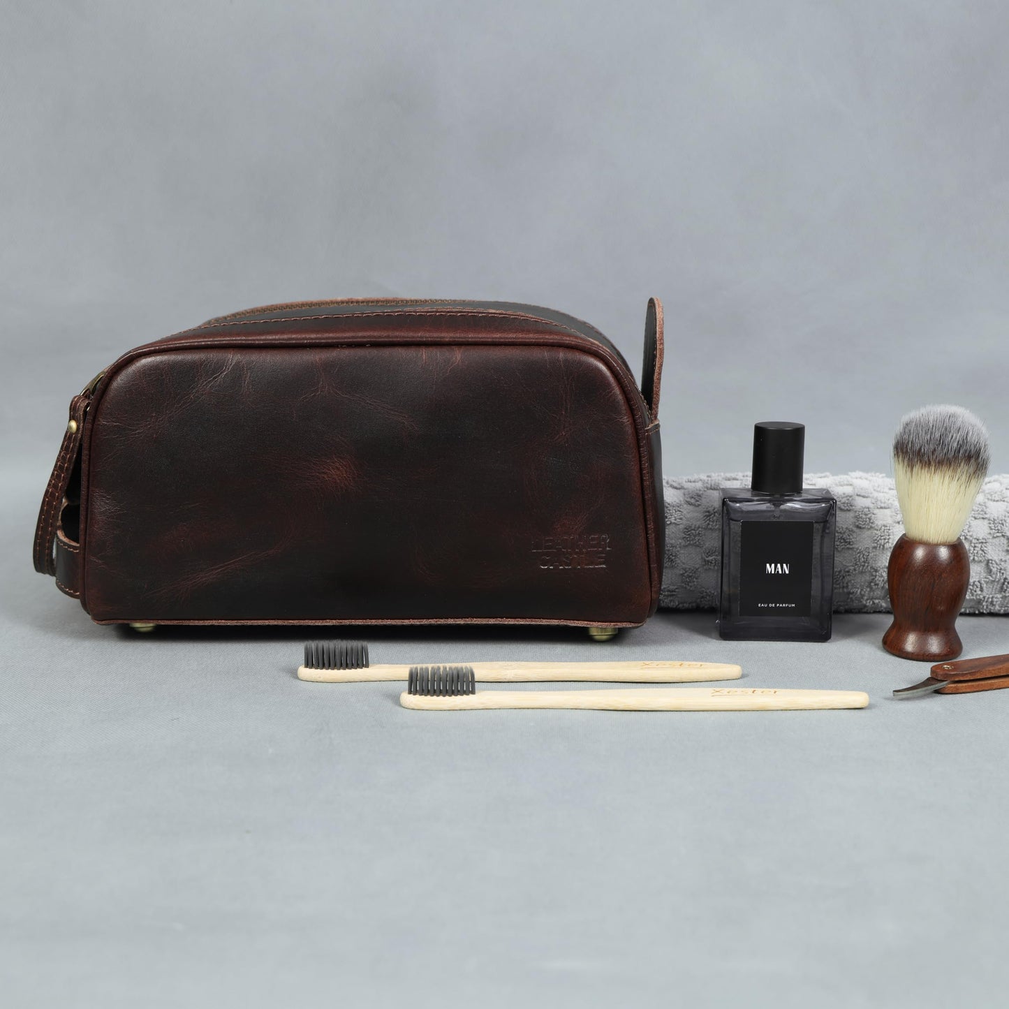 leather castle Toiletry Bag | Leather Dopp Kit for Men & Women – Travel Organizer with Multiple Compartments, Water-Resistant, Durable & Stylish | Grooming Essentials, Shaving & Makeup Pouch (Brown)