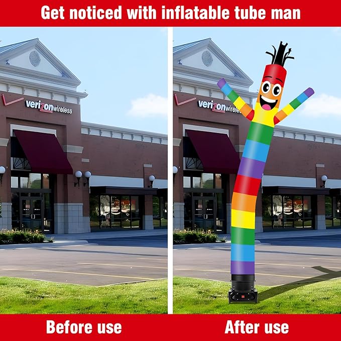 10FT Tall Inflatable Tube Man Rainbow Wacky Wavy Dancing Guy with 3/4 HP Weather-Resistant Blower (12''Diameter) for Outdoor Decoration Advertising Business Promotion