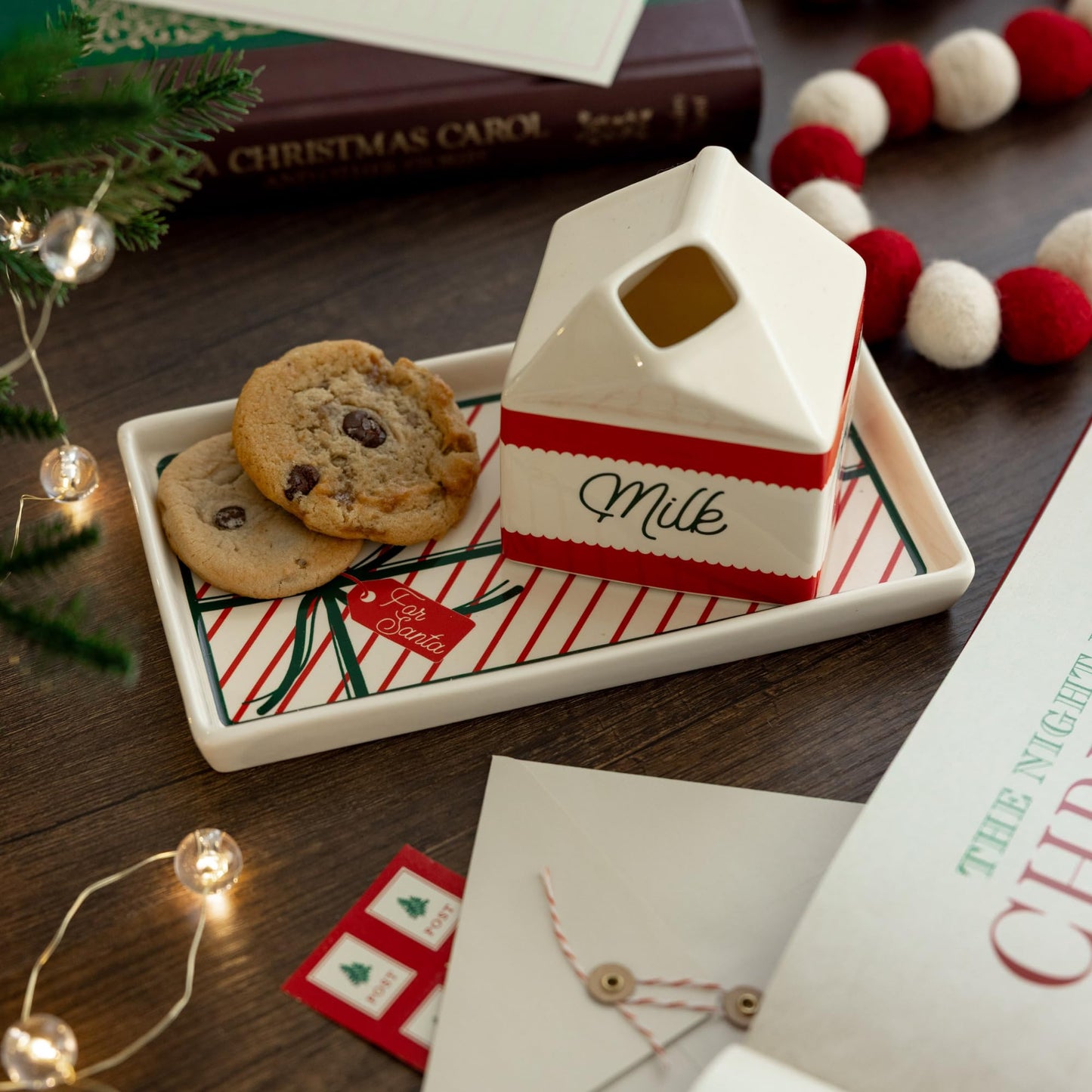 Steel Mill & Co Ceramic Milk & Cookies for Santa Set, 2-Piece Christmas Eve Tray & Milk Jug Gift Box Design, Holiday Tableware Set for Festive Christmas Décor (Bow)