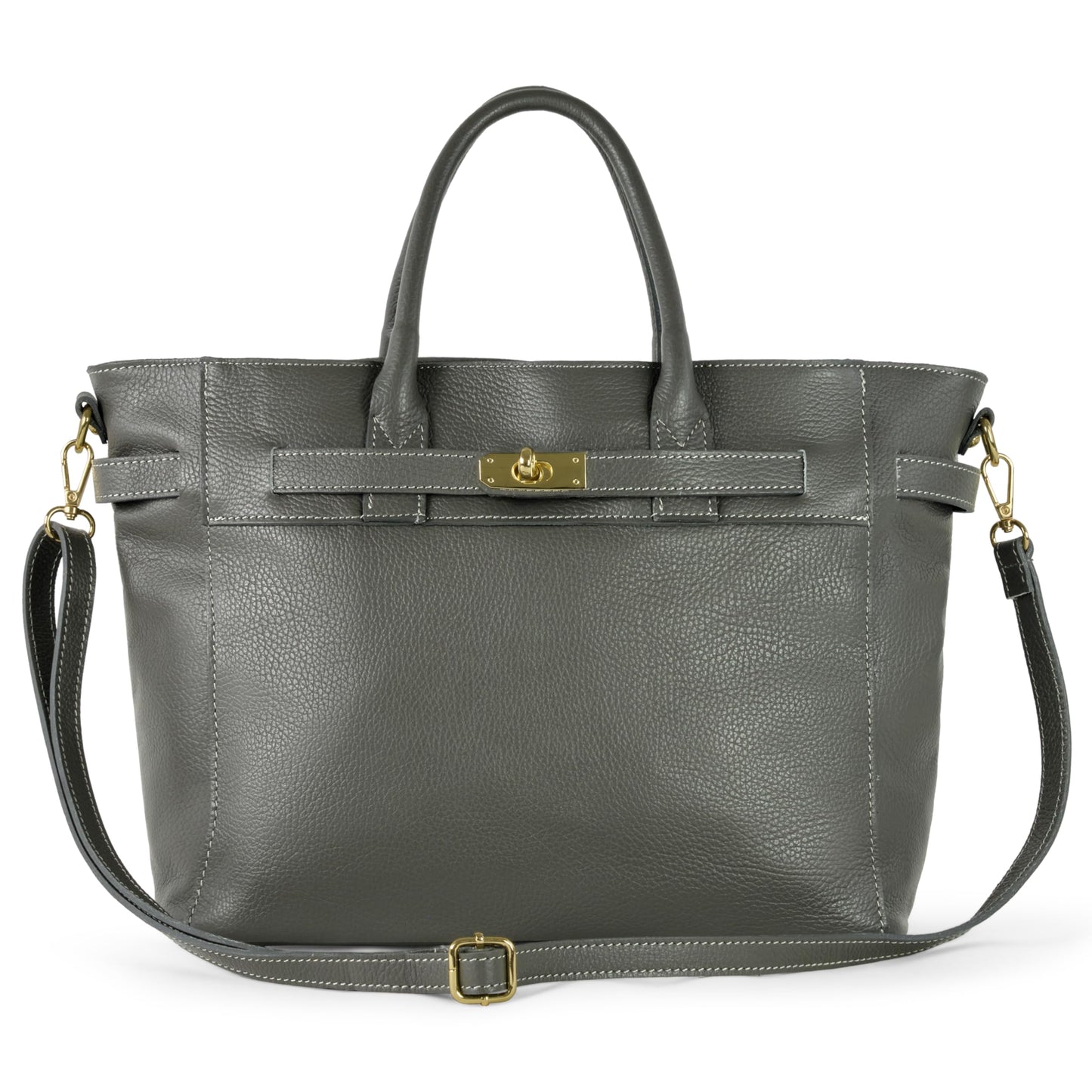 Italian Genuine Calf Leather Handbag for Women with Zipper & Adjustable Strap | Medium Top-Handle Satchel Purse (Dark Grey)