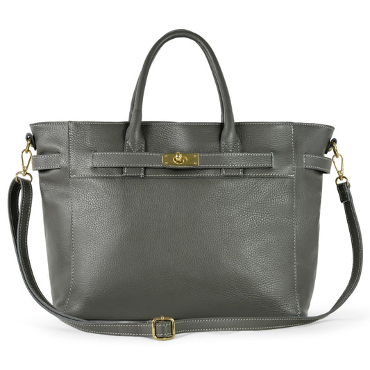 Italian Genuine Calf Leather Handbag for Women with Zipper & Adjustable Strap | Medium Top-Handle Satchel Purse (Dark Grey)