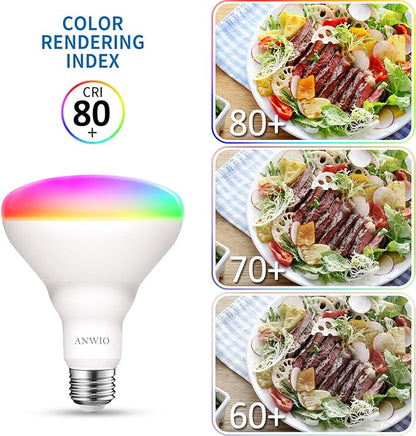ANWIO Smart Light Bulb BR30 RGB Color Changing LED WiFi Dimmable Multicolor Light Bulbs E26 Base, Compatible with Alexa, Google Assistant, No Hub Required, 650 Lumen 8.5W (60W Equivalent) 4 Pack
