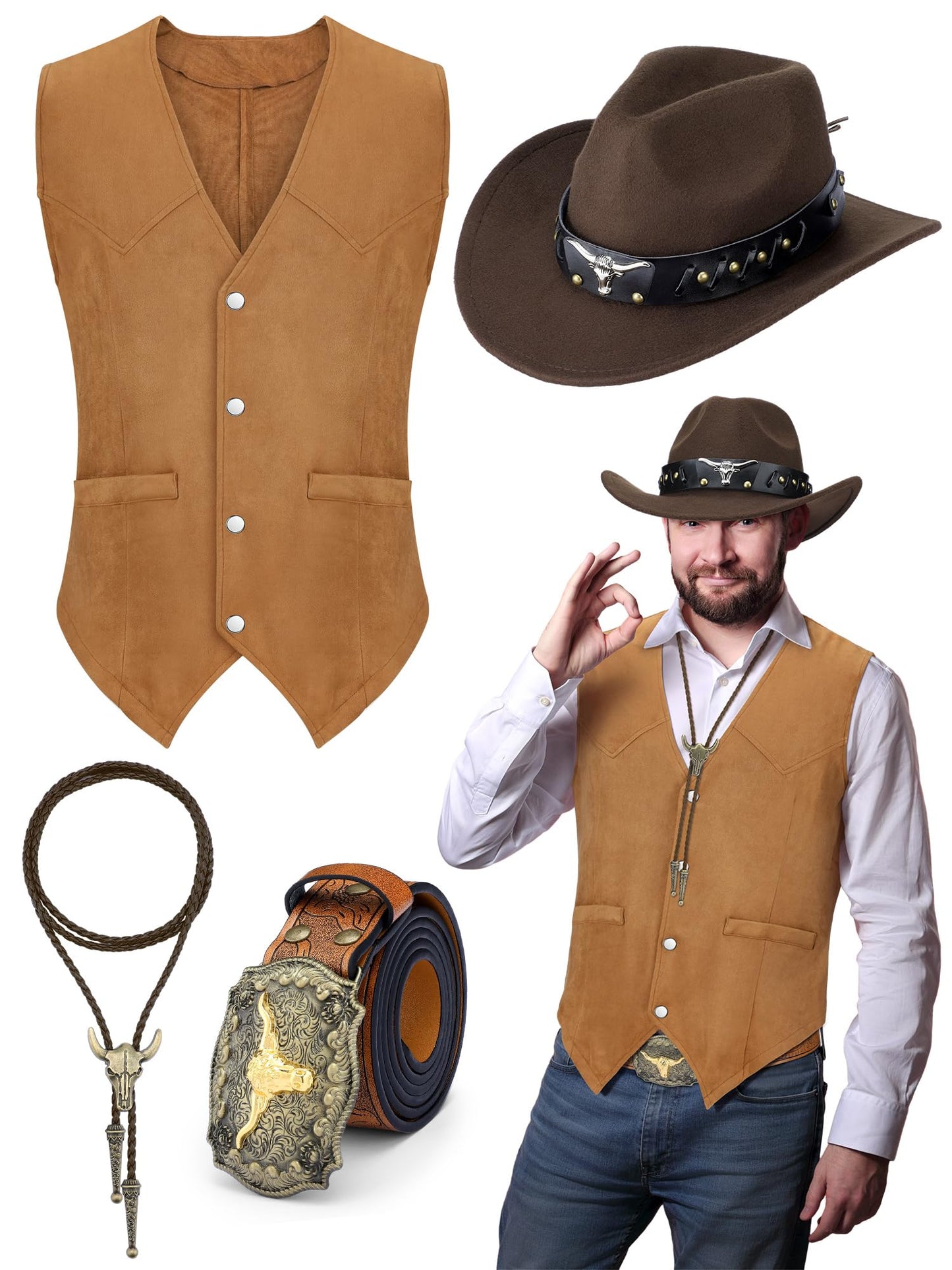 Cutecrop 4 Pcs Western Cowboy Outfits for Men Suede Leather Vest Hat Bolo Tie Belt for Western Halloween Cosplay(Medium,Brown)