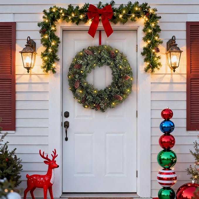 FR Artificial Pre-Lit Fir Christmas Wreath Holiday Accent Decoration, Wintry Pine, Decorated with Pine Cones, with LED Lights Battery Operated for Door, Mantel - 16 Inch