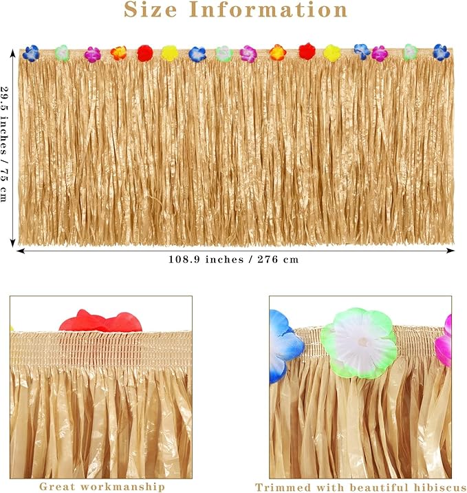 Aodaer 4 Pack Thickened Grass Table Skirt Natural with Hibiscus Flowers 400g Hawaiian Luau Tropical Party Decor Fringe Party Decoration for Costume Tiki Tropical Hawaii Moana Birthday, Straw Yellow