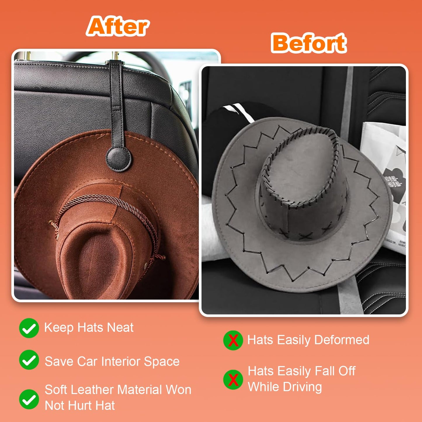 2 Pack Cowboy Hat Holder for Truck, Leather Magnetic Cap Clip, Truck Car Seat Hat Organizer Accessories for Men and Women, Suitable for Car, SUV, Pickup Seat Back Headrest Hat Clip Storage (Black)