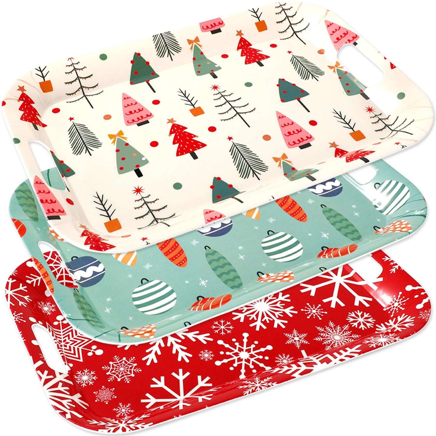 JarThenaAMCS 3Pcs Christmas Boho Serving Trays 16.4 x 11 Inch Xmas Tree Ball Snowflake Platter with Handles Reusable Serving Dishes for Winter Birthday Party Sharing Snacks Fruit Dessert