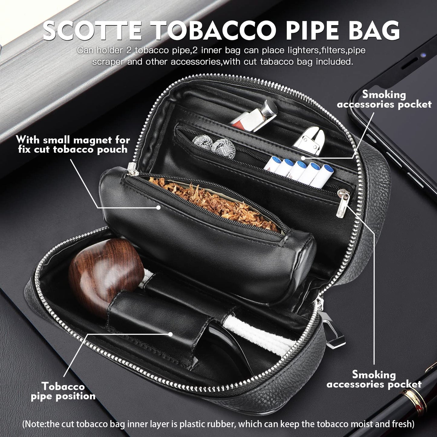 Scotte Tobacco Smoking Pipe,Leather Tobacco Pipe Pouch Pear Wood Pipe Accessories (Scraper/Stand/Filter Element/Filter Ball/Small Bag/Box) (black 2)