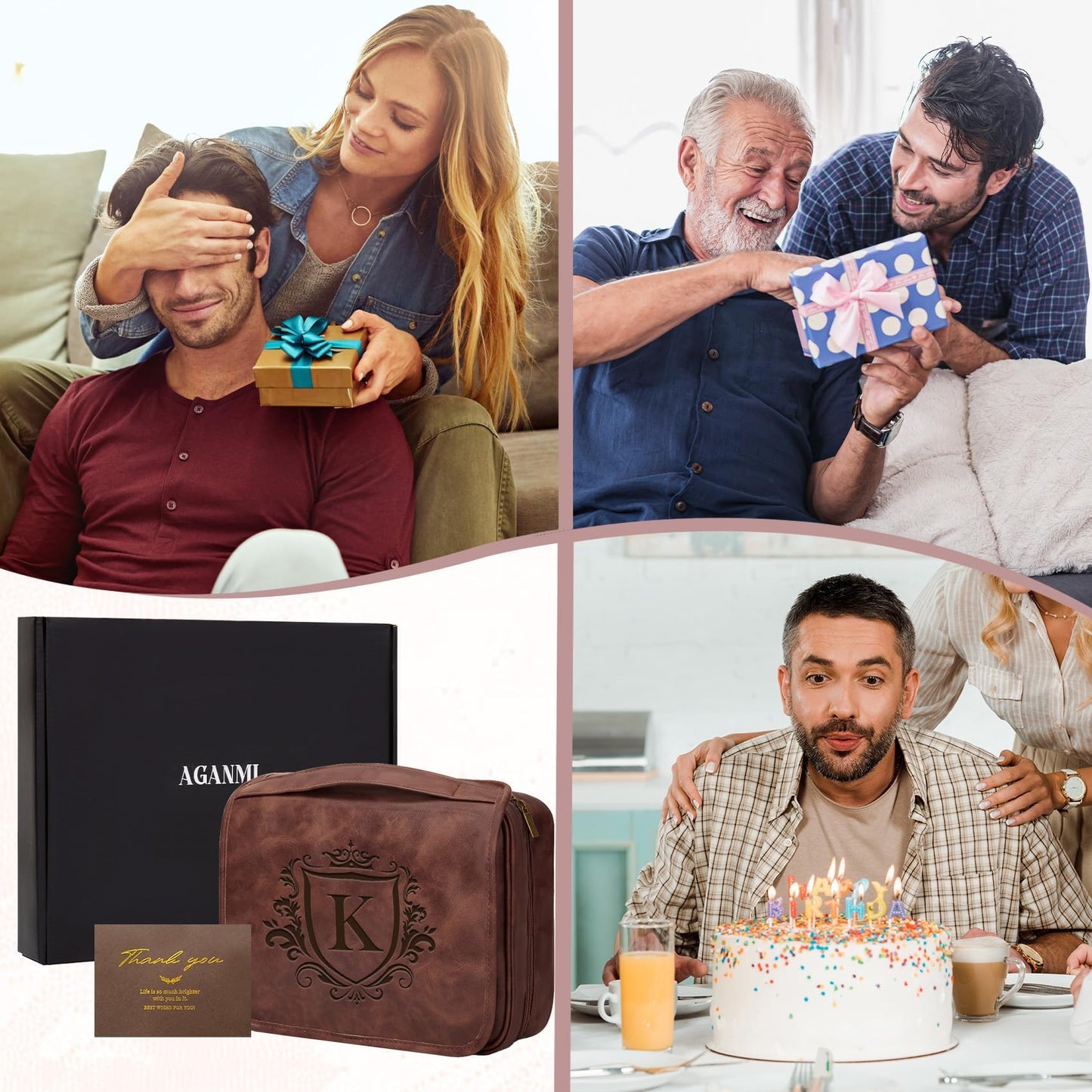 Aganmi Personalized Hanging Toiletry Bag Travel Gifts for Men Him, 3-in-1 Large Laser-Engraved Initial Waterproof PU Leather Shaving Bag Valentines Birthday Gift for Men Dad Husband Reddish Brown M