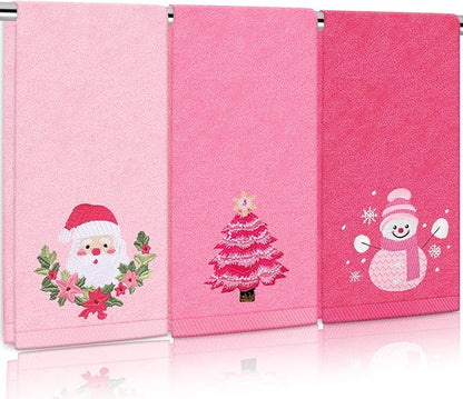 3Pcs Christmas Pink Hand Towel Set Cotton Xmas Tree Santa Snowman Bathroom