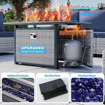 18-Piece Patio Furniture Set, Outdoor Patio Furniture with 55,000 BTU Fire Pit Table, Swivel Chairs Set, Thick Cushions, Modular Patio Sofa, Dual-Strand Wicker Rattan, Rust-Resistant Frame,Navy Blue