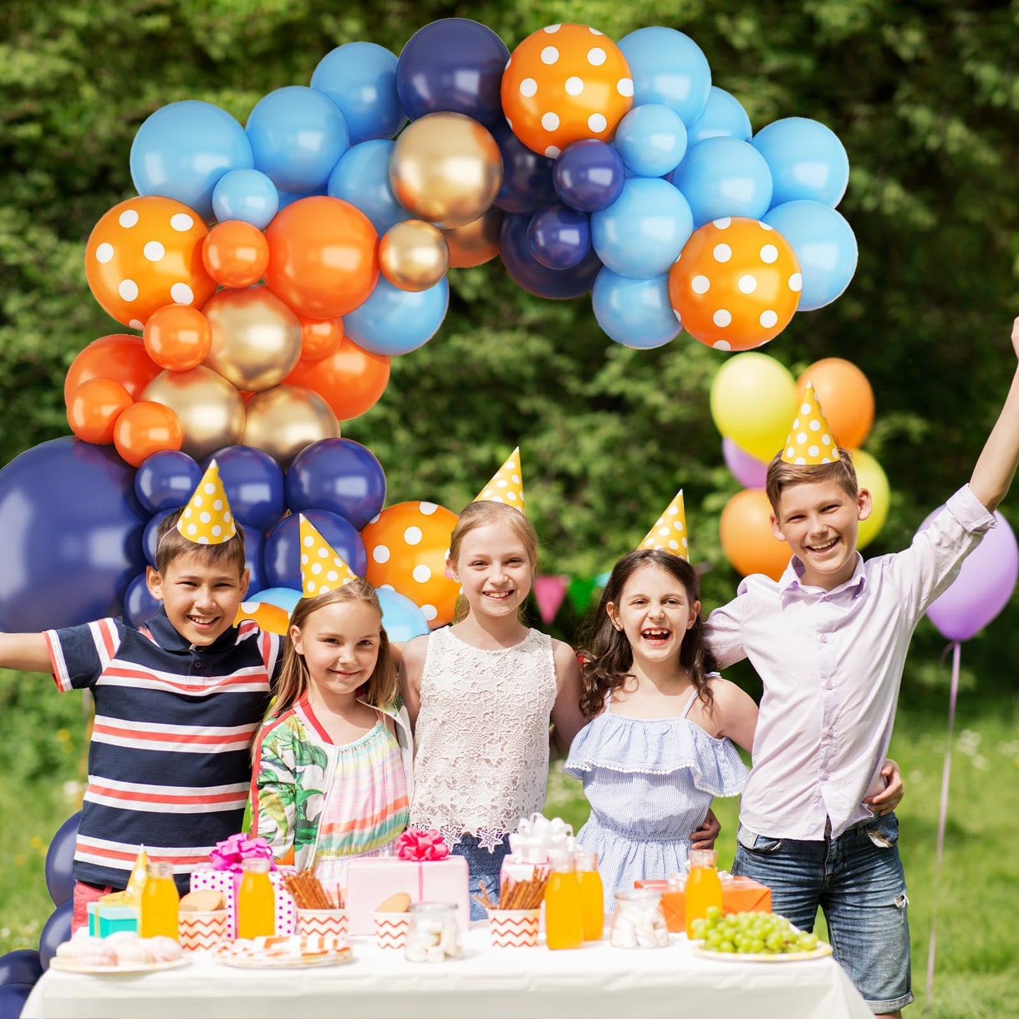 Blue and Orange Balloons Arch Kit, 108 Pcs Navy Blue Balloon Garland Kit with Metallic Gold Orange Dot Latex Balloons for Kids Boys Cartoon Theme Party Baby Shower Boys Birthday Decorations