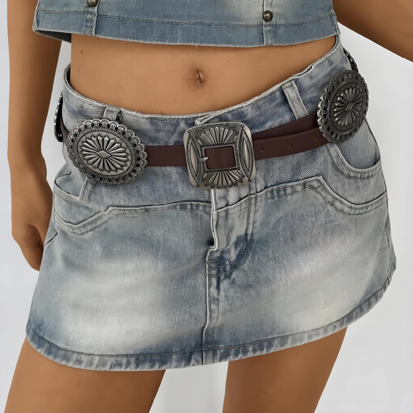 Alavuss Womens Western Concho Belts Cowgirl Cowboy Faux Leather Belt Rodeo Country Concert Nashville Outfits Brown 39"