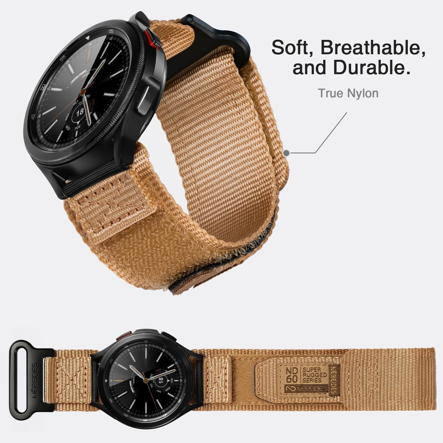 Nereides Band Compatible with Samsung Galaxy Watch 7 6 5 4 40mm 44mm/ Watch 6 4 Classic/Watch 5 Pro/Watch 3 Classic 41mm/Active 2, 20mm Nylon Replacement Sports Strap for Men Women(Light Brown,L)