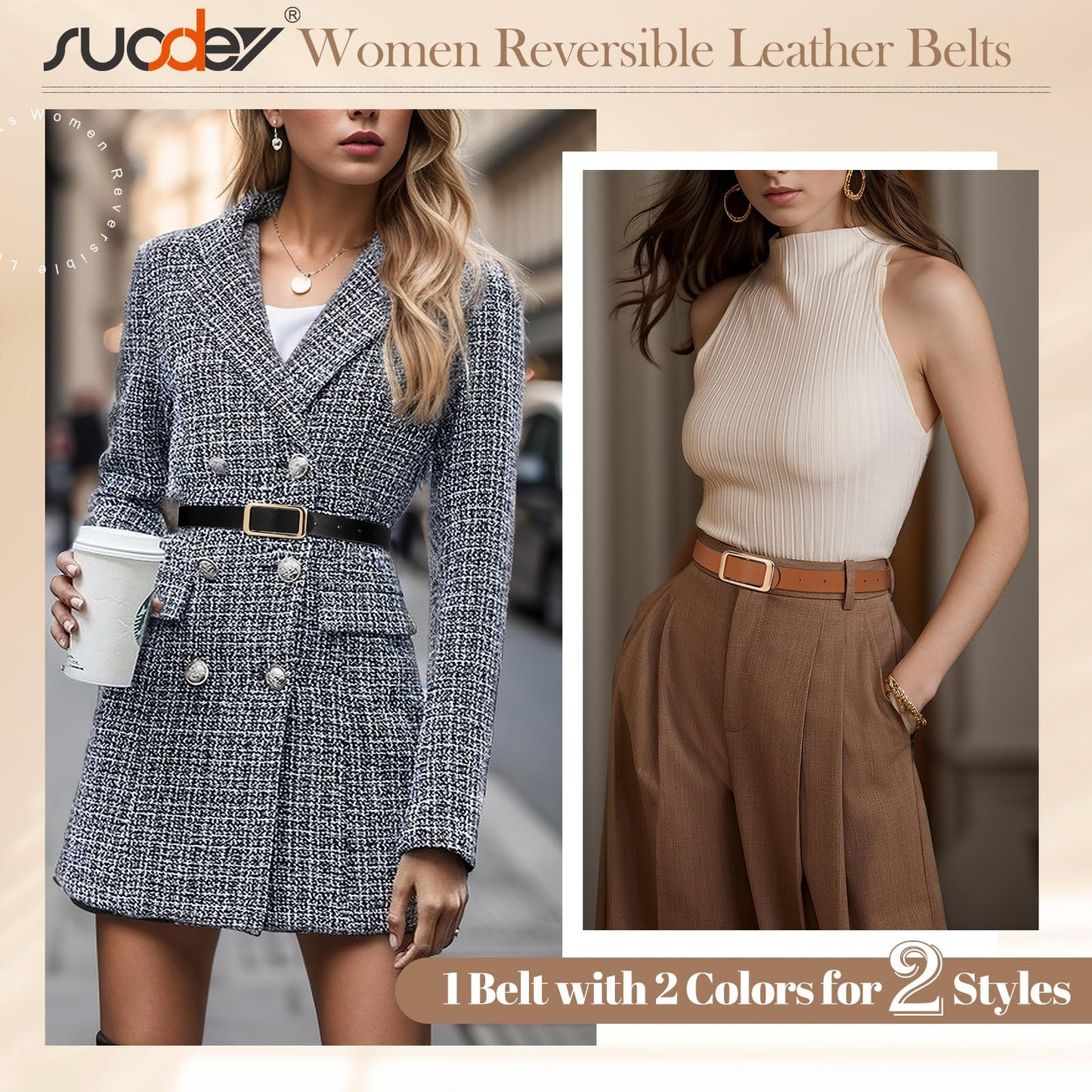 SUOSDEY Women Reversible Leather Belts for Jeans Pants Dresses Ladies Fashion Belts with Gold Buckle,Width 0.9"