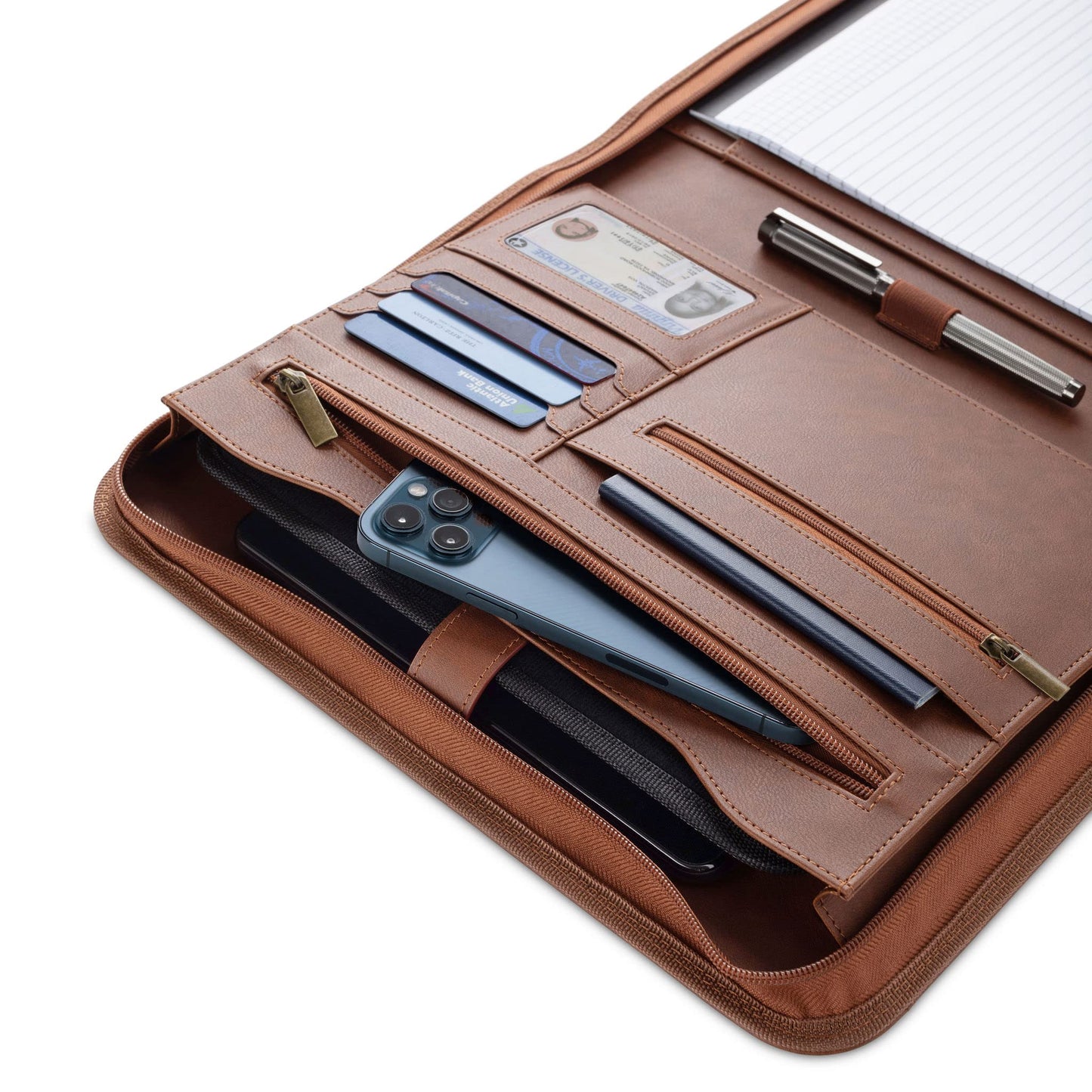 Forevermore Portfolios Padfolio Binder - Professional Faux Leather Travel Organizer Pouch for Tablet, Documents, Presentation Folders, Zipper Closure, Notepad - Brown