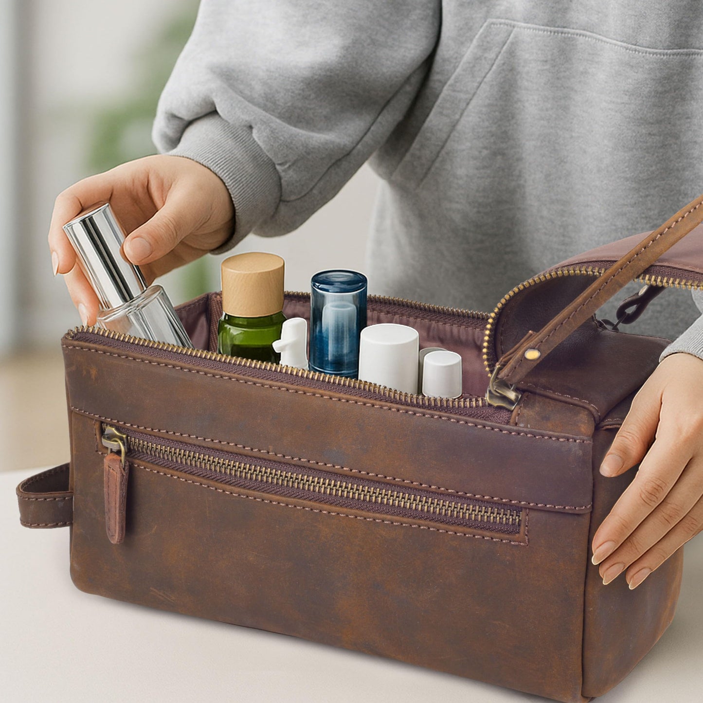 Rasavi Genuine Leather Travel Toiletry Bag for Men & Women, Handcrafted Vintage Dopp Kit, Water-Resistant Shaving & Bathroom Essentials Organizer - Rustic Brown