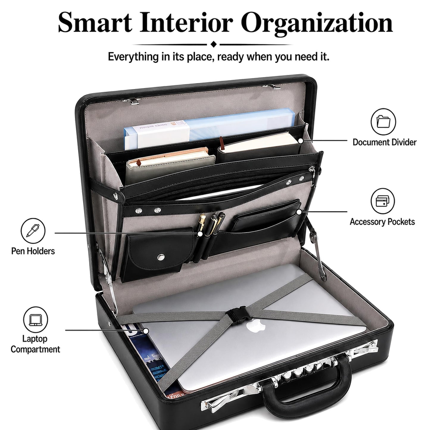 HAESTUS Leather Briefcase for Men with Combination Lock, Classic Hard Shell Attache Case in Black, Fits 16 Inch Laptop