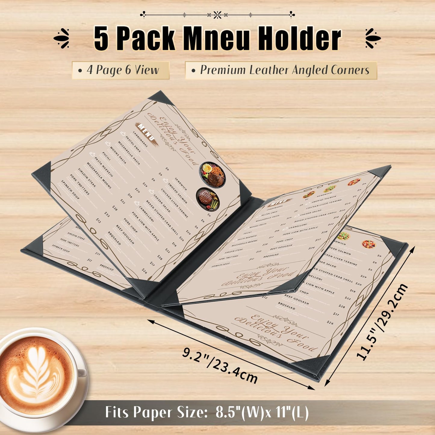 FLKQC Restaurant Menu Covers Holders 8.5 X 11, 5 Pack Synthetic Leather Menu Holder Covers Book Style with Angled Corners Black for Wine List, Certificate Organizer Diploma Holder (4 Page 6 View)