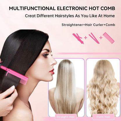 Electric Hot Comb Hair Straightener Heat Pressing Comb Curling Flat Iron Curler Hair Straightener Brush for Natural Black,Anti-Scald Beard Straightening Electric Press Comb