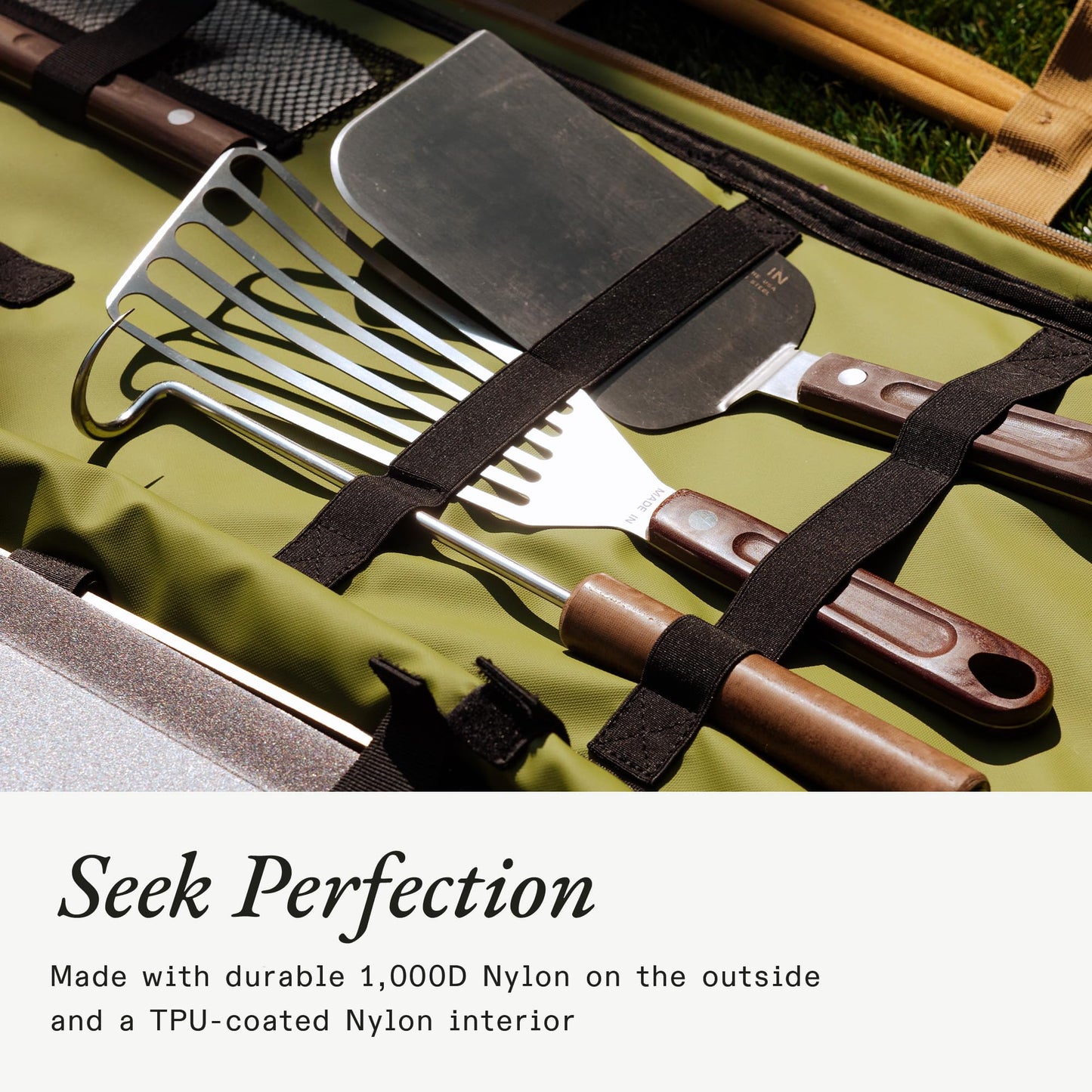 Made In Cookware - Griddle Utility Bag - Fits 2-Burner Carbon Steel Griddle - Removable Stain-Proof Interior - Luggage Grade Nylon - Camel Exterior and Olive Interior