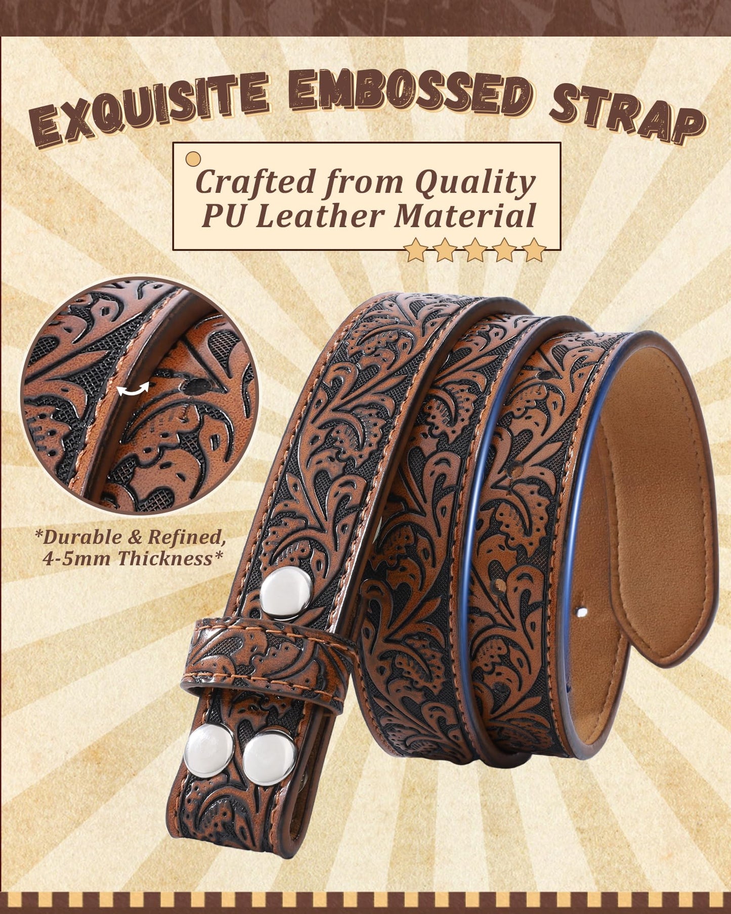 AWAYTR Kids Western Belt with Detachable Buckle - PU Leather, 3 Sizes (23"-34.5"), Adjustable for Daily Wear & Halloween (Horse Buckle-Dark Brown, Fit Waist: 30.5"-35")