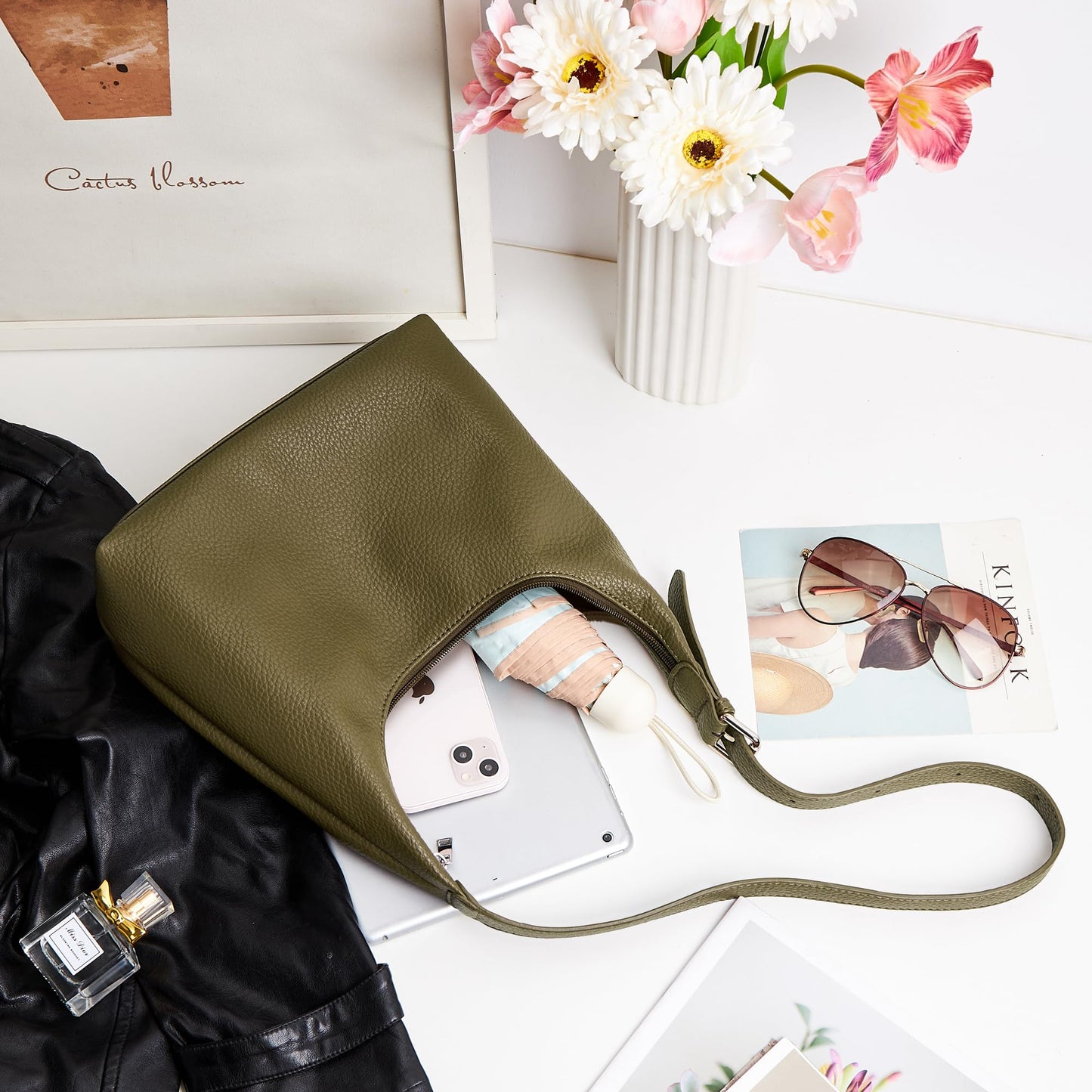 KALIDI Crescent Tote Bag, Women Underarm Handbag Vegan Leather Zipper Shoulder Purse Hobo for Evening Shopping Casual