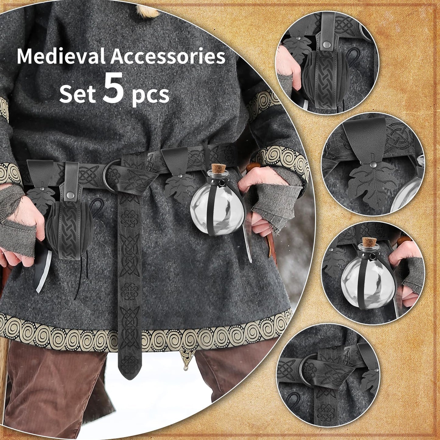JBKN Women Renaissance Accessories Medieval Viking Belt Potion Bottles Belt Bag Leather Skirt Hikes for Halloween Festival Cospl